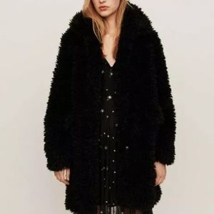 Maje Gordon Teddy Bear Black Fuzzy Faux Fur Coat
